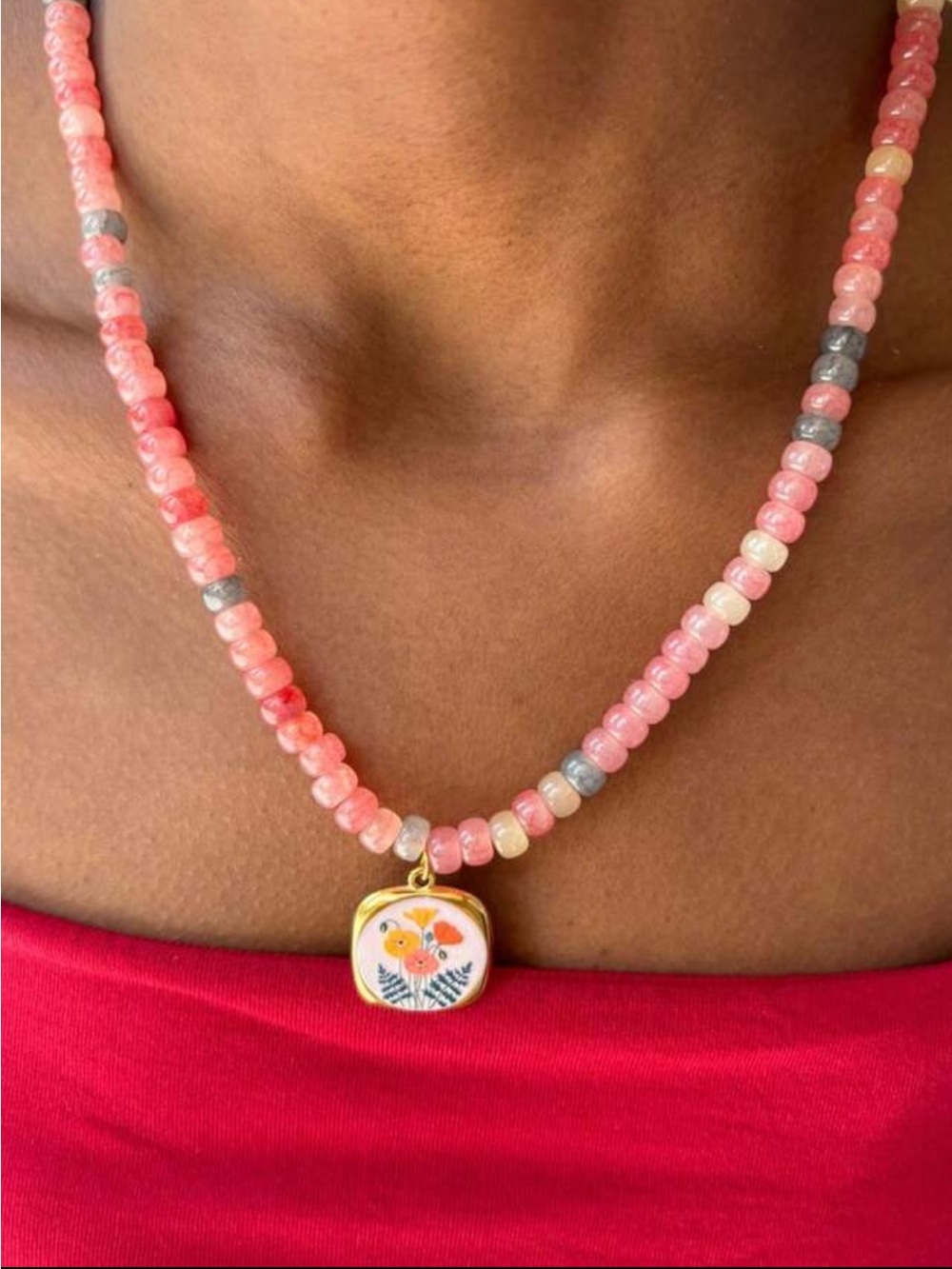 Hand Crafted Pink Beaded Necklace with Floral Pendant